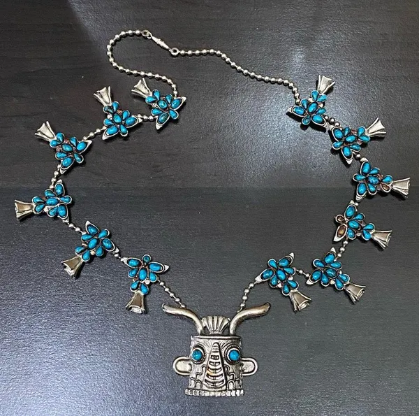Vintage Kachina Mask Faux Turquoise Southwestern Style Squash Blossom Necklace - Image 2