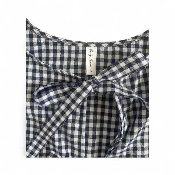 Gingham Navy White Puff Long Sleeve Babydoll Blouse with Front Bows size L - Image 3