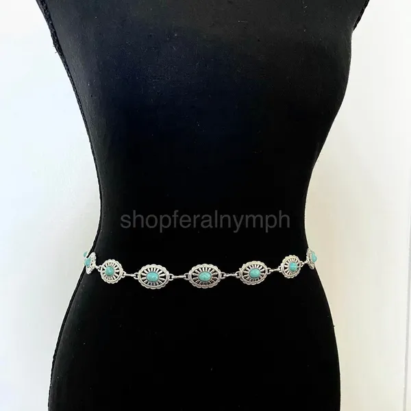 Silver Turquoise Oval Western Boho Chain Belt, Fits 24-43 Inches, X7GA1264 - Image 6