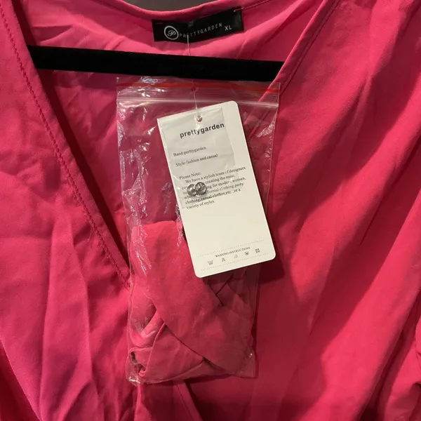 Prettygarden Pink V-Neck Long Sleeve Pleated Fit & Flare Waist Tie Dress XL - Image 4
