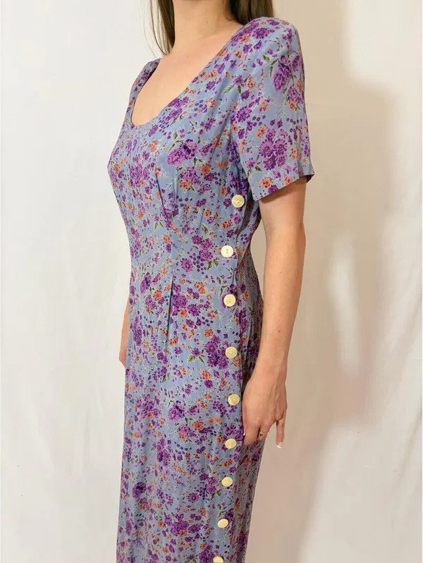 Retro Light Purple Floral Vintage Rayon Prairie Picnic Casual Dres - Image 2