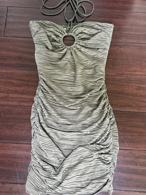Lucy in the Sky Olive Ruched Strapless Halter Mini Dress Small - Image 6