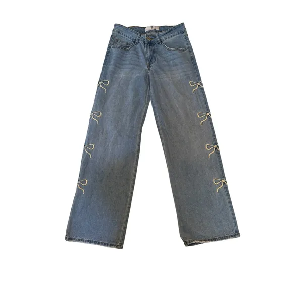 Wide Leg Bow Embroidered Jeans‎ Blue White Trendy Coquette Baggy Preppy Size 27 - Image 2