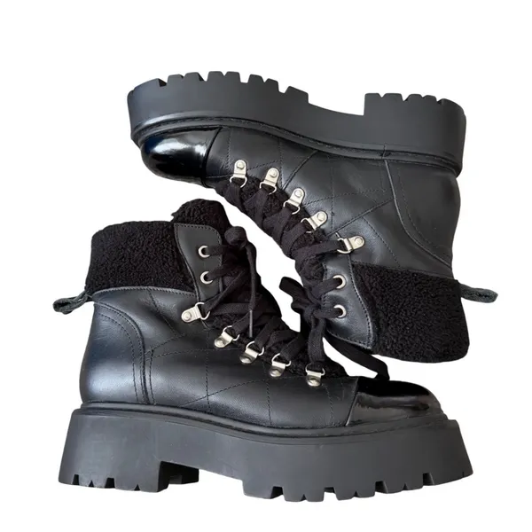 Steve Madden Black Leather Platform Combat Boots Shearling Trim Lug Sole Size 8 - Image 8