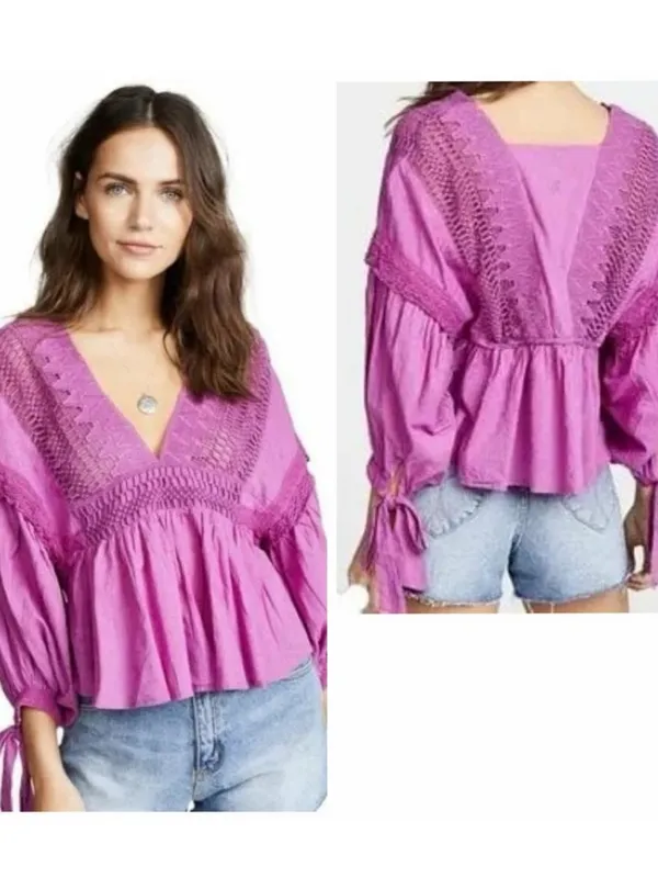 Free People Drive You Mad Neon Orchid Large Peasant Swiss Dot Purple Tie Sleeve - Image 4
