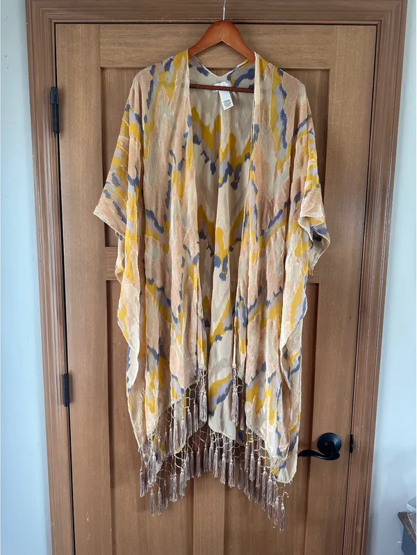 Free People Dripping Velvet Burnout Fringe Kimono Duster Yellow Women’s ONE SIZE - Image 9