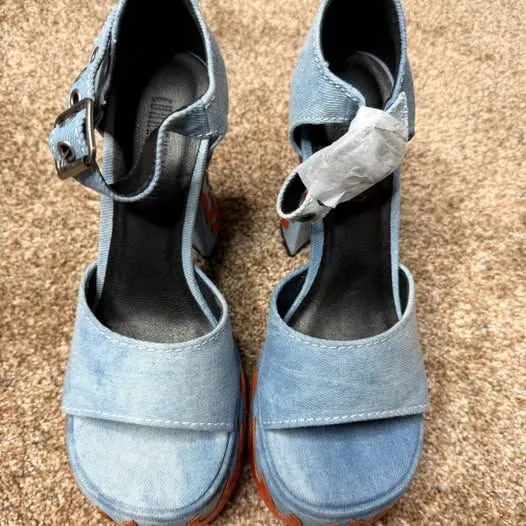 Current Mood Little Pistol Platform Heels 7 Denim Orange Flame Block - Image 3