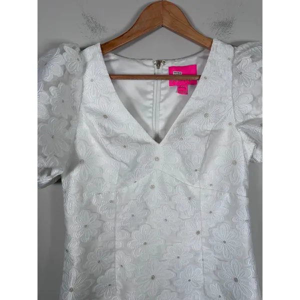 Lilly Pulitzer Citra Floral Embroidered Puff Sleeve Sheath Dress Women 00 White - Image 4