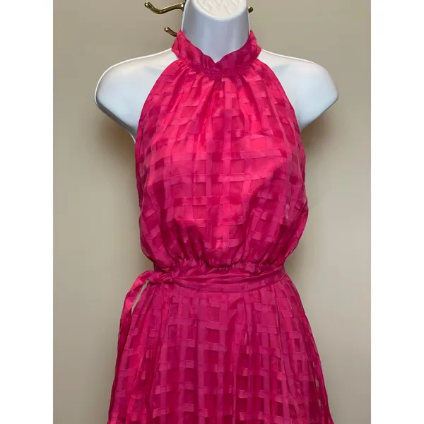 ChicWish Pink Dress with Solid & Sheer Checkered Overlay Halter Ruffle Neck Sz M - Image 2