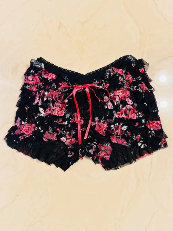 FREE PEOPLE Feeling For Lace Black Pink Floral Shorts Ruffles Girly Size Medium - Image 2