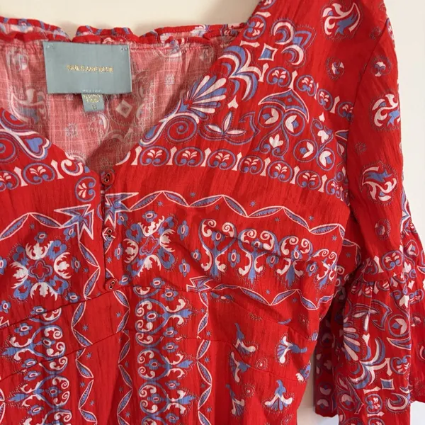 Small Skies are Blue Red Blue Boho Floral Print Dress Bell Sleeves Button Lined‎ - Image 2