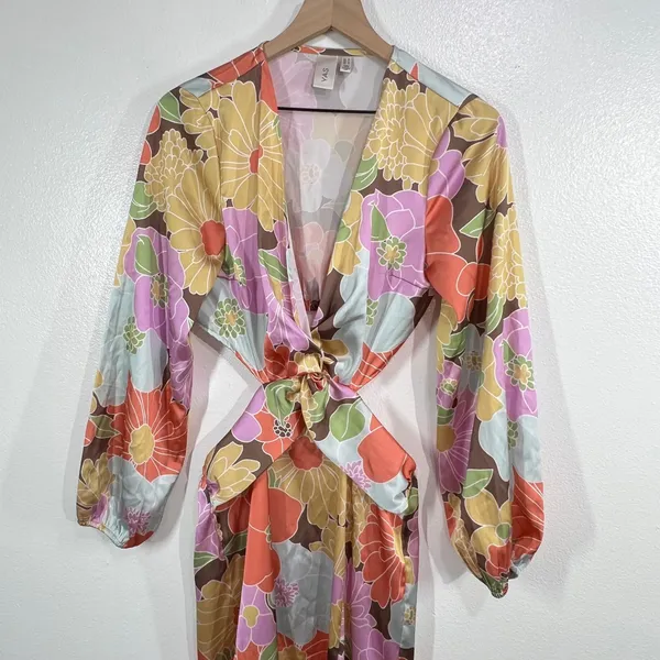Y.A.S‎ Josephine Long Sleeve Cut Out Maxi Dress Floral Retro Mod Twist Front M - Image 8