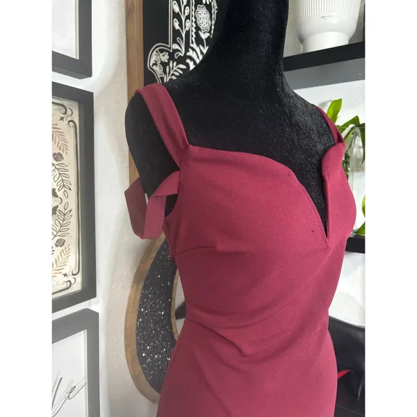 Long Wine Colored Reckless Hearts formal off the shoulder dress with front slit - Image 5