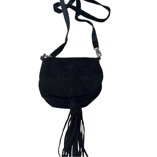 World Market Black Suede Leather Fringe Crossbody Handbag Purse Boho Casual - Image 2
