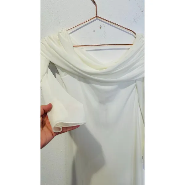 MESHKI Ivory White Josie Off Shoulder Mesh Fold Over Neckline Maxi Dress sz L - Image 5