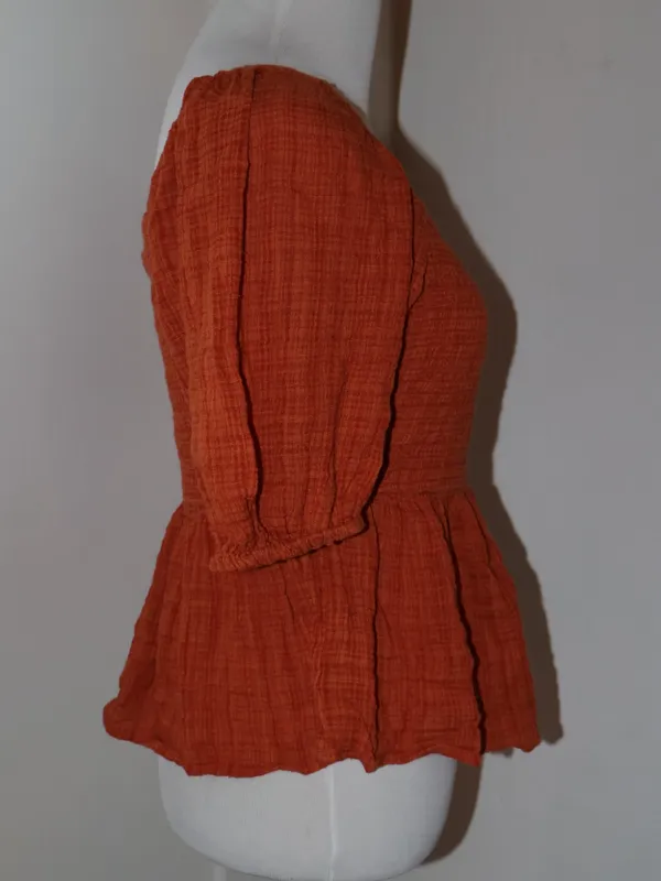 Boho Gauzy Square Neck Puff Sleeve Top Rust Small Orange - Image 2