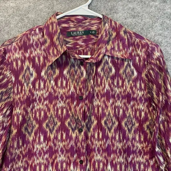 LAUREN RALPH‎ LAUREN Silk Blend Blouse Ikat Print Button Front Purple Medium Top - Image 2