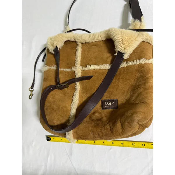 UGG Australia Chestnut Suede Shearling Trim Crossbody Hobo Bag Brown Leather - Image 9