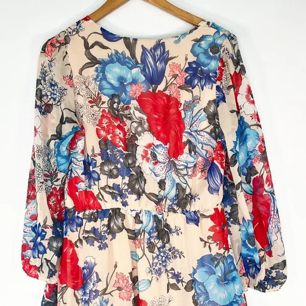 Honey Punch Nude Multicolor Floral Print Flowy Long Sleeve Dress Lulus Womens M - Image 8