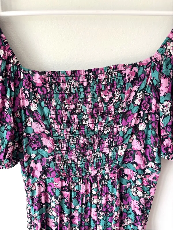 ASTR the Label Teal Purple Floral Puff Sleeve Midi Dress Ruched Slit Prairie - Image 9