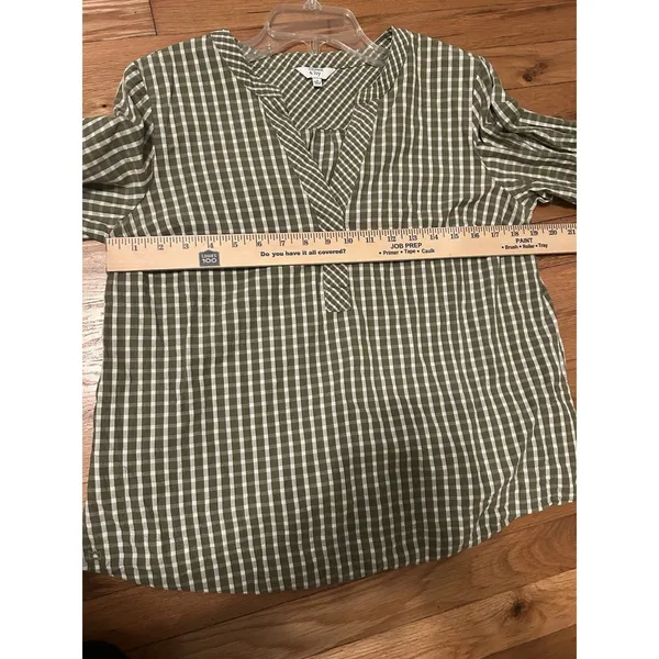 Crown & Ivy Size Medium Checkered Gingham Peasant Blouse Green & White Cotton - Image 6