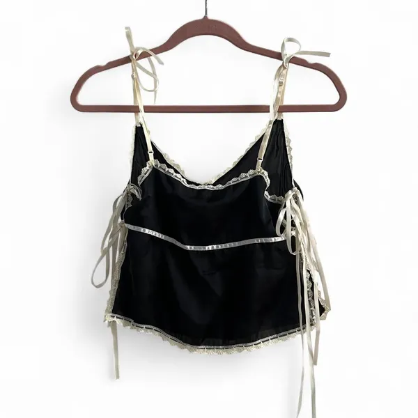 Source Unknown Awoke Vintage Lace Trim Satin Cami Blouse Ribbon Tie Made in USA Size Small - Image 6