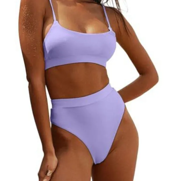 Purple Bikini Set with High-Waisted Bottoms and Scoop Neckline - Image 3