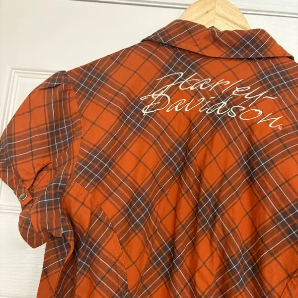 Harley Davidson Orange Plaid Short Sleeve Button Up‎ Size Medium - Image 6