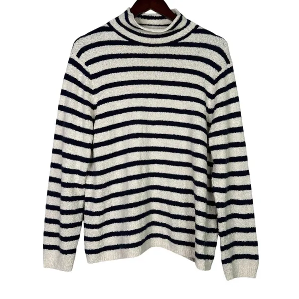 J. Crew Striped Knit Boucle Mock Neck Long Sleeve Sweater L Cream Navy Blue - Image 11