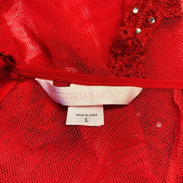 Victoria's Secret Babydoll Women Large Red Lace Mesh Rhinestone Corset Back Sexy - Image 4
