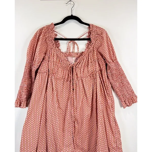 Free People Mini Dress Red Star Dip Smocked Allover Print Loose A Line Large - Image 6