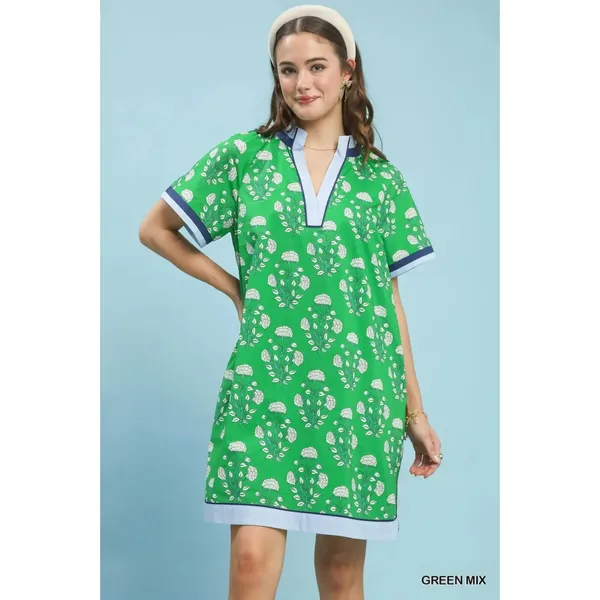 Umgee Printed Split Neck Short Sleeve Shift Dress - Green Mix - Medium - Image 2