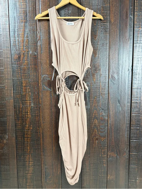 Taupe Cut Out Waist Midi Dress Size Large - Image 4