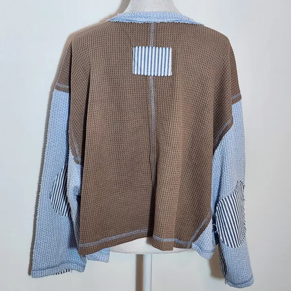 POL Brown and Blue Oversized Distressed Waffle Knit Top Size Small - Image 5