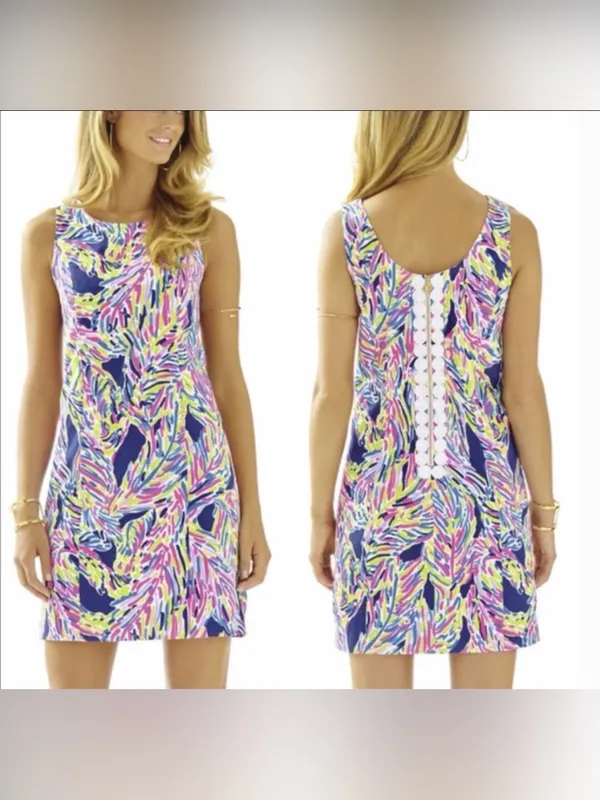 Lilly Pulitzer Cathy Shift Dress (Sz 10) Indigo Palm Reader Cotton Mini Hot Pink - Image 2