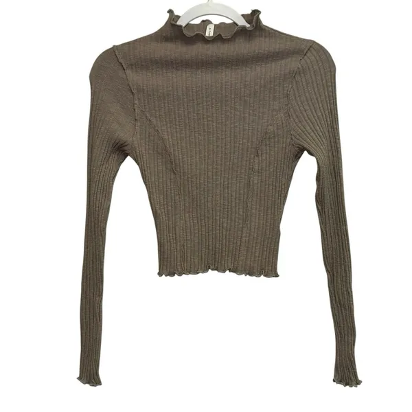 Altar'd State Ribbed Cropped Top Small Brown Lettuce Hem‎ Long Sleeve Mock Neck - Image 2