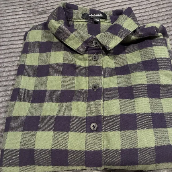 Madewell Flannel Crop Button Up Shirt Green Plaid Long Sleeve Womens Small - Image 12