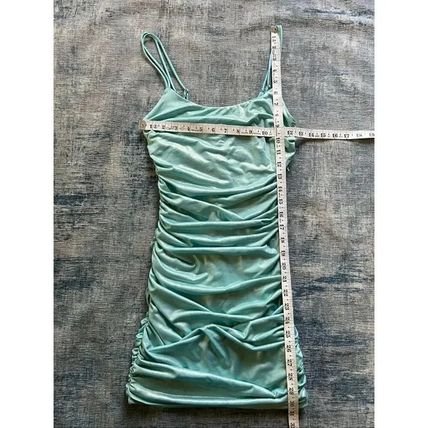 Lucy In The Sky Aquamarine Blue Shimmer Ruched Bodycon Dress Small - Image 8