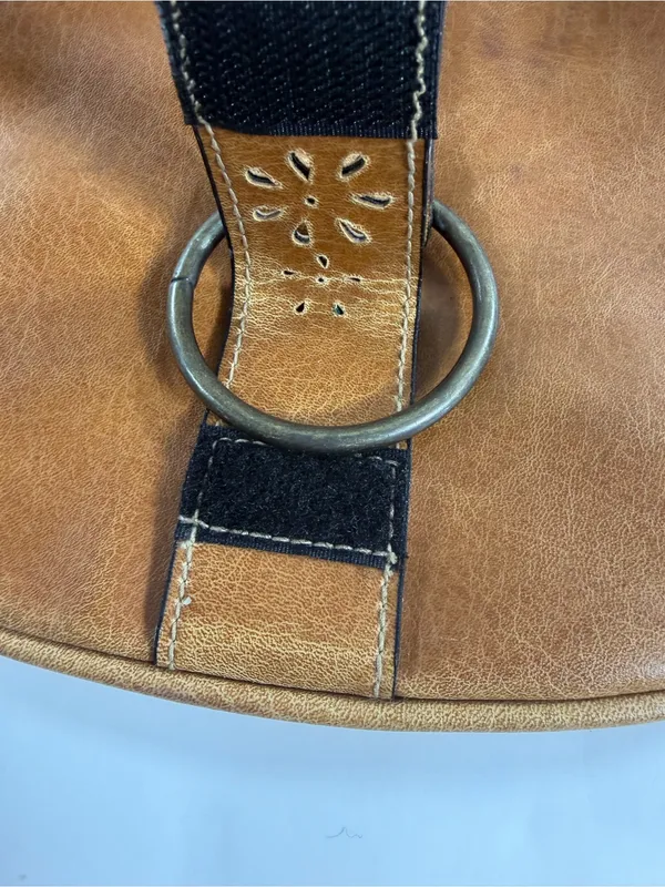 Fashion Express Cognac Brown Leather Hobo Bag Cutout Ring Detail - Image 4