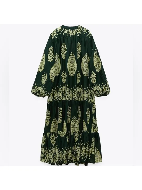 Zara Dark Green Midi Dress with Light Green Botanical Print - Image 3