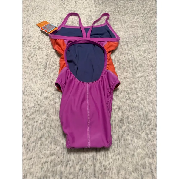 Speedo One Piece Swimsuit Neon Violet Color Block Athletic Size 28‎ NWT - Image 4