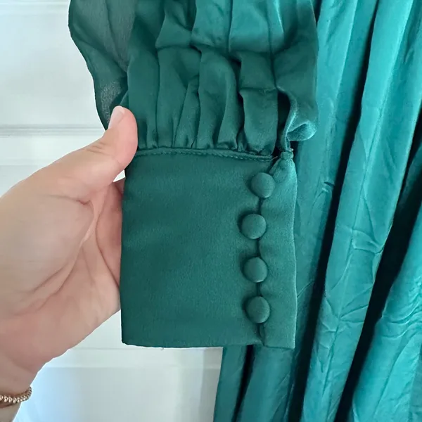 Mac Duggal Deep‎ Emerald Green Split Bishop Sleeve Slit V-Neck Maxi Dress NWT 2 - Image 8