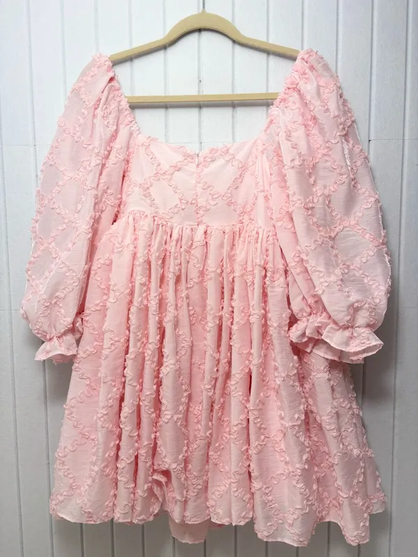 Mable Ribbon Textured Puff Sleeve Babydoll Mini Dress In Baby Pink‎ Size M - Image 7
