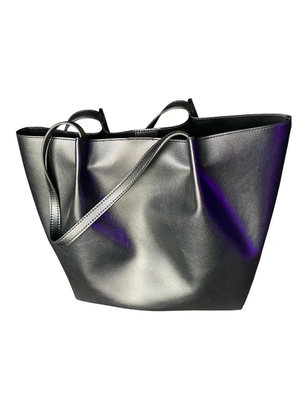 A New Day Black Belted Pinched Handle Large Tote Bag Faux Leather Snap Closure - Image 4