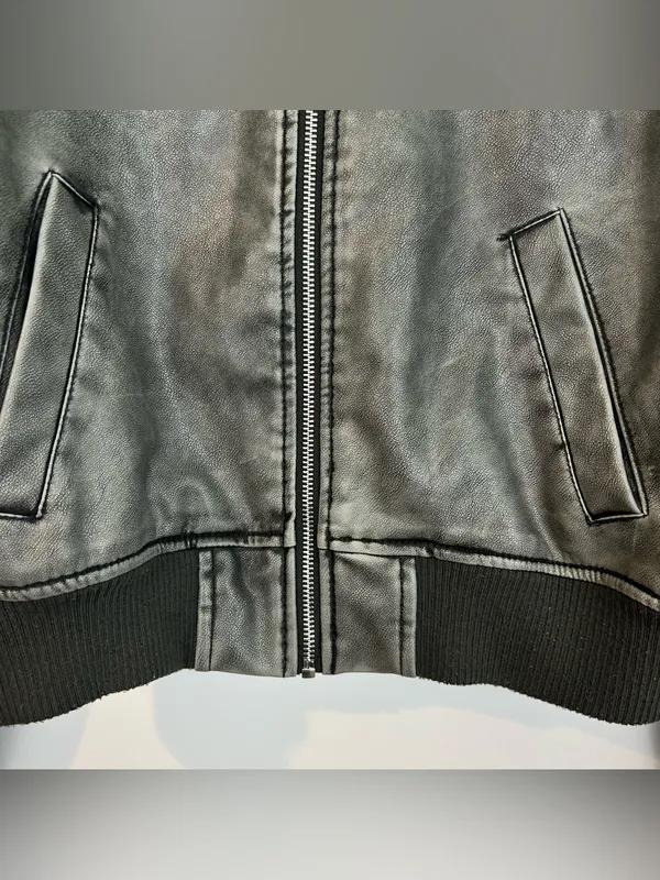 Zara Grey Zip Up Faux Leather Vegan Bomber Jacket Size Medium - Image 8
