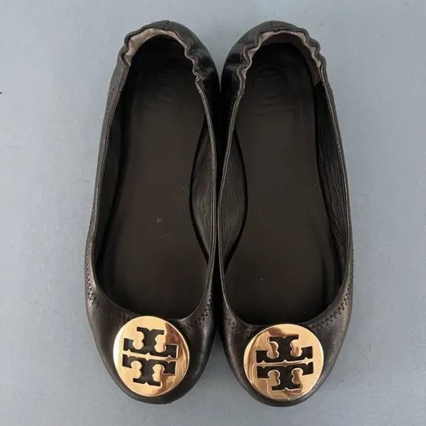 Tory Burch‎ Minnie Black Leather Gold Logo Elastic Heel Ballet Flats - Image 6