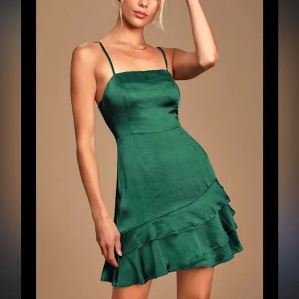 Lulus Dreams Come True Emerald Green Satin Ruffled Mini Dress Size Medium NWT - Image 6