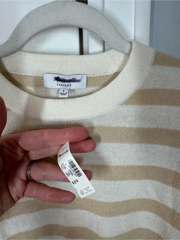 Madewell Cashmere Crewneck Sweater Women Small Ivory Biscuit Stripe NEW NY916 - Image 3