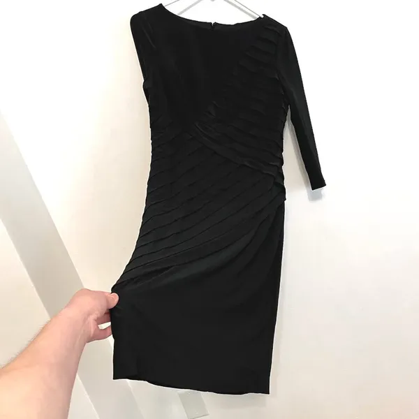 ADRIANNA PAPELL Black Shutter Pleat Pleated 3/4 Sleeve Jersey Knit Sheath Dress - Image 10