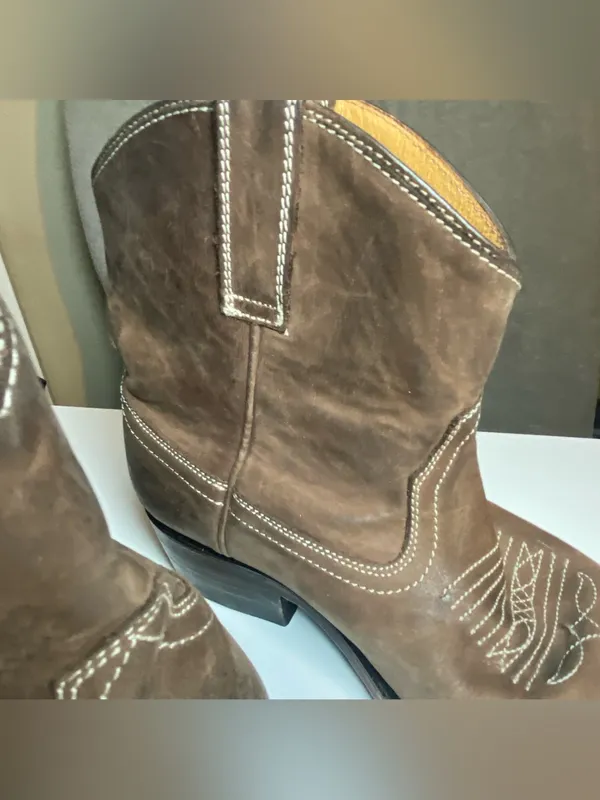 miz mooz carlitos Brown Leather Western Ankle Boots Embroidered Toe worn look 6 - Image 6